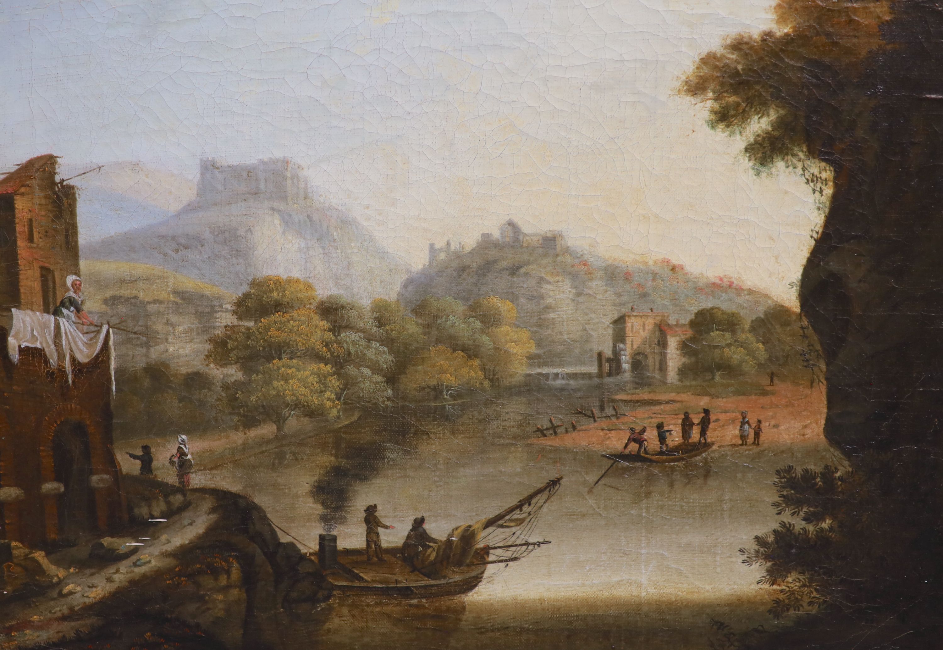 English School (18th century), oil on canvas, Classical river landscape and companion piece, a pair